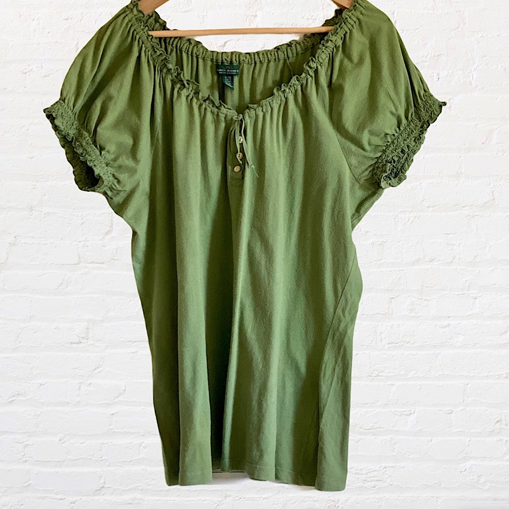 LAUREN RALPH LAUREN RUFFLED SHORT SLEEVE BUTTON FRONT SHIRT TOP